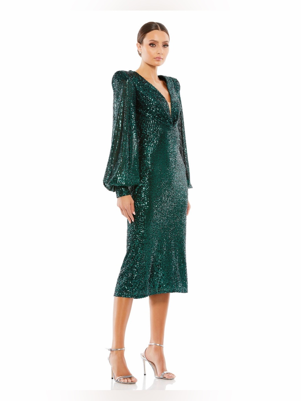 Emerald Sequin V-Neck Midi Dress with Balloon Sleeves
